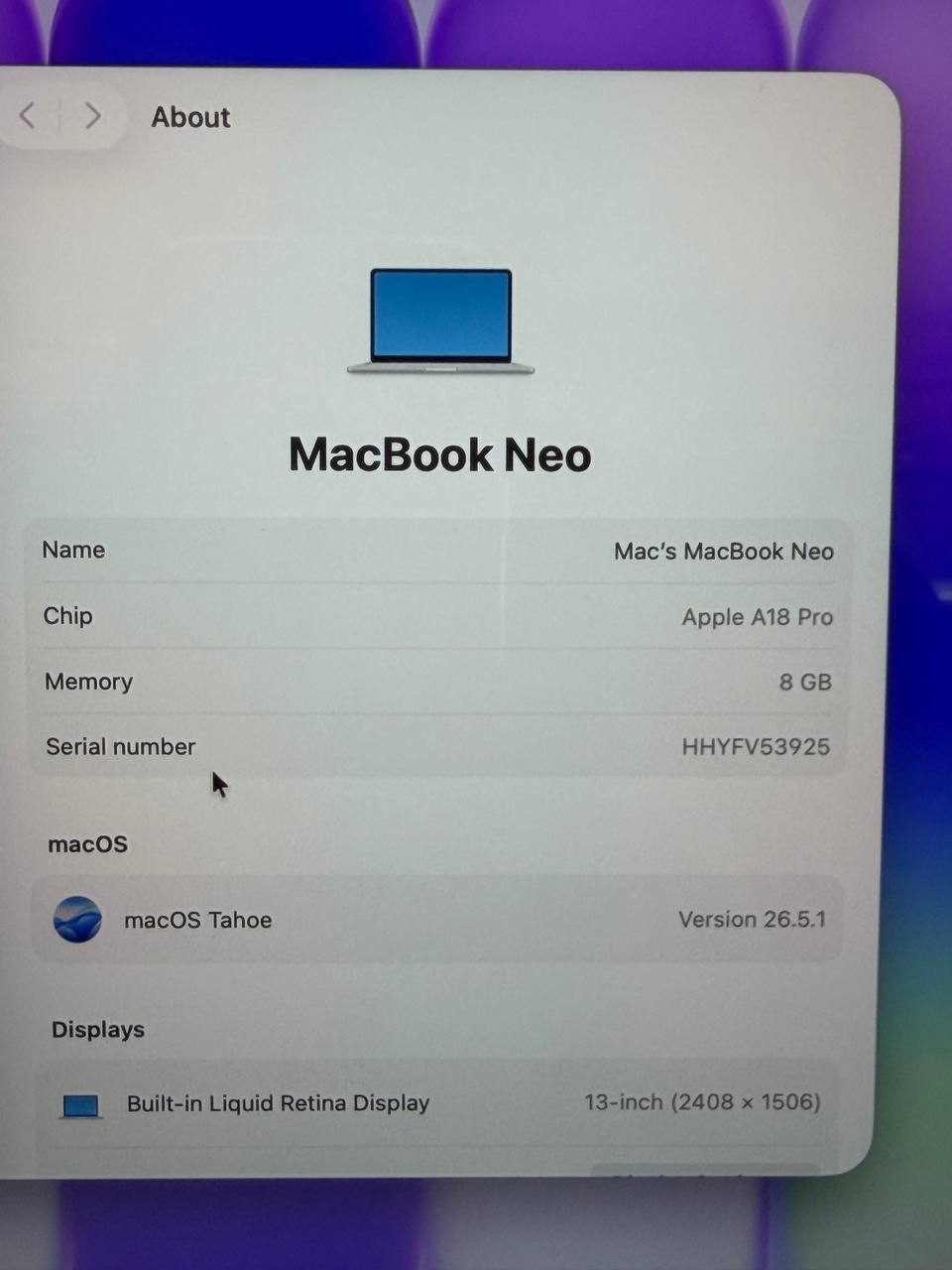 Apple MacBook Neo mit A18 Pro Chip, 8GB RAM 500GB Akku 100p 9 Zyklen