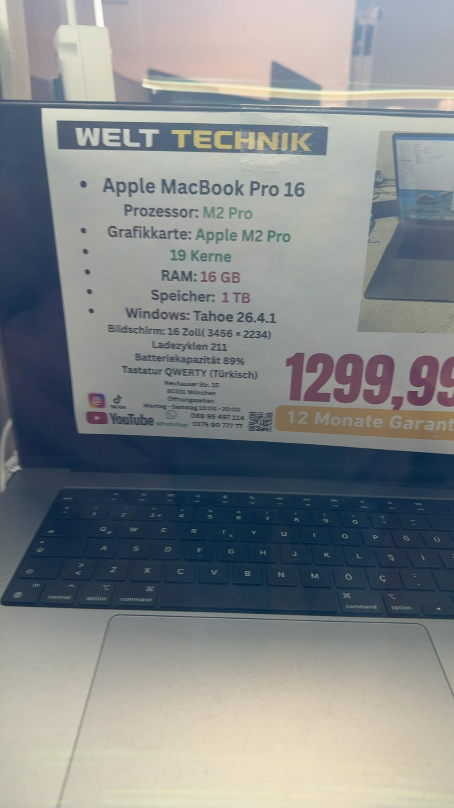 Apple MacBook Pro 16 Zoll M2 Pro 16GB RAM 1TB SSD Spacegrau Ladezyklen 211 b89p GPU 19 Kerne