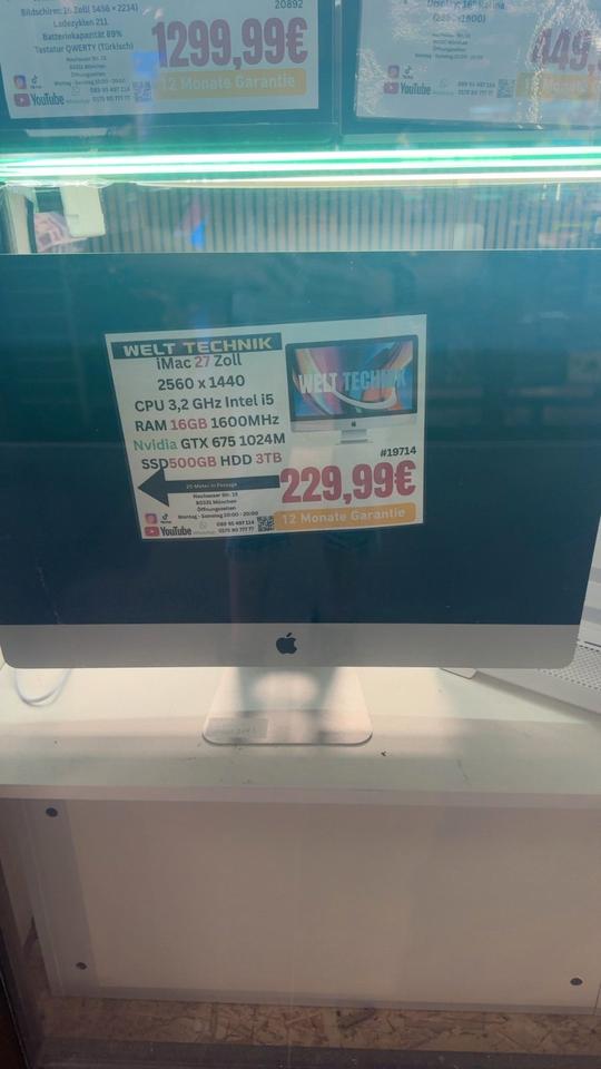 iMac 27 Zoll 2560 x 1440 CPU 3,2 GHz Intel i5 RAM 16GB 1600MHz Nvidia GTX 675 1024M SSD500GB HDD 3TB