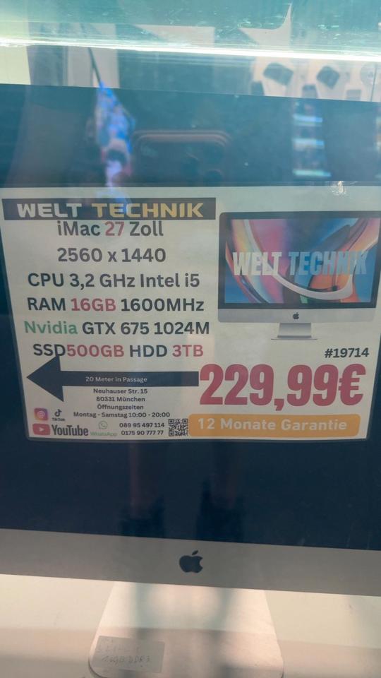 iMac 27 Zoll 2560 x 1440 CPU 3,2 GHz Intel i5 RAM 16GB 1600MHz Nvidia GTX 675 1024M SSD500GB HDD 3TB